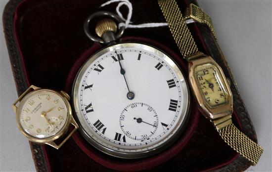 Two 9ct gold wrist watches, including J.W. Benson and a silver pocket watch.